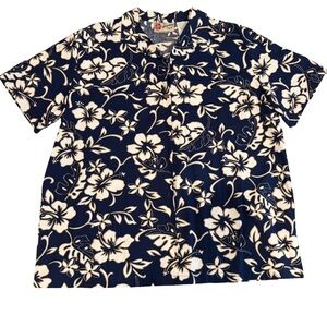 Hilo Hattie Men’s Hawaiian Aloha Shirt Navy Floral Size L